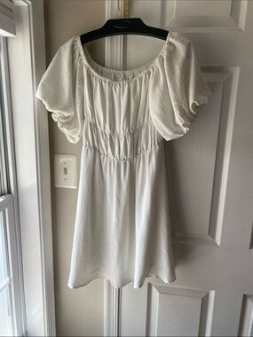 White Puff-Sleeve Mini Dress with Smocked Waist